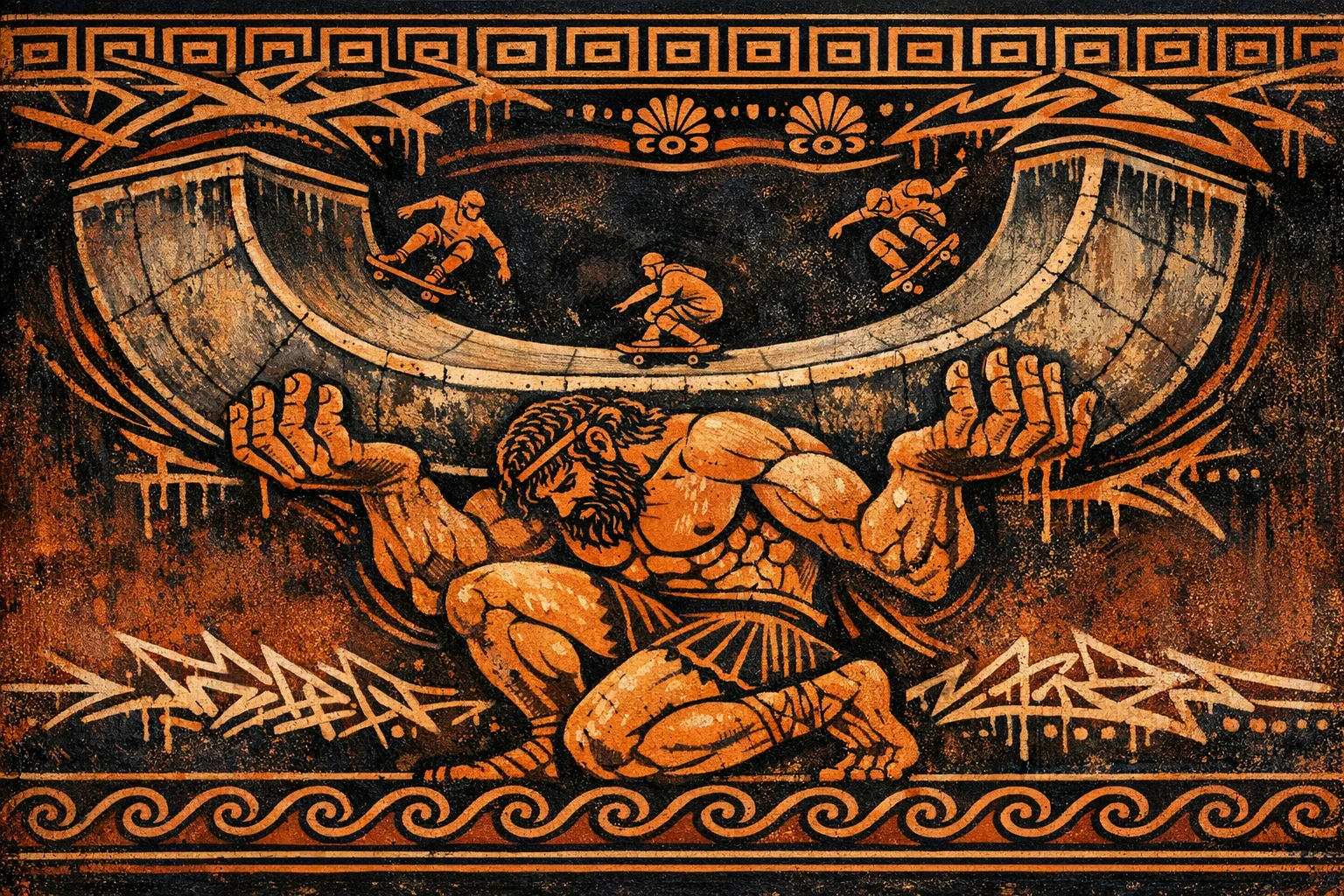 Atlas Halfpipe — Ancient Greek red-figure vase painting × skate and graffiti graphics
