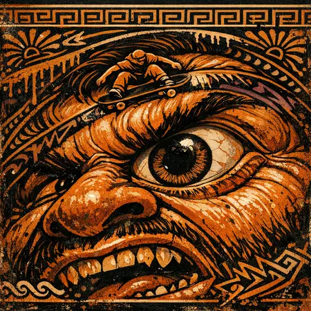 Cyclops Fisheye — Ancient Greek red-figure vase painting × skate and graffiti graphics