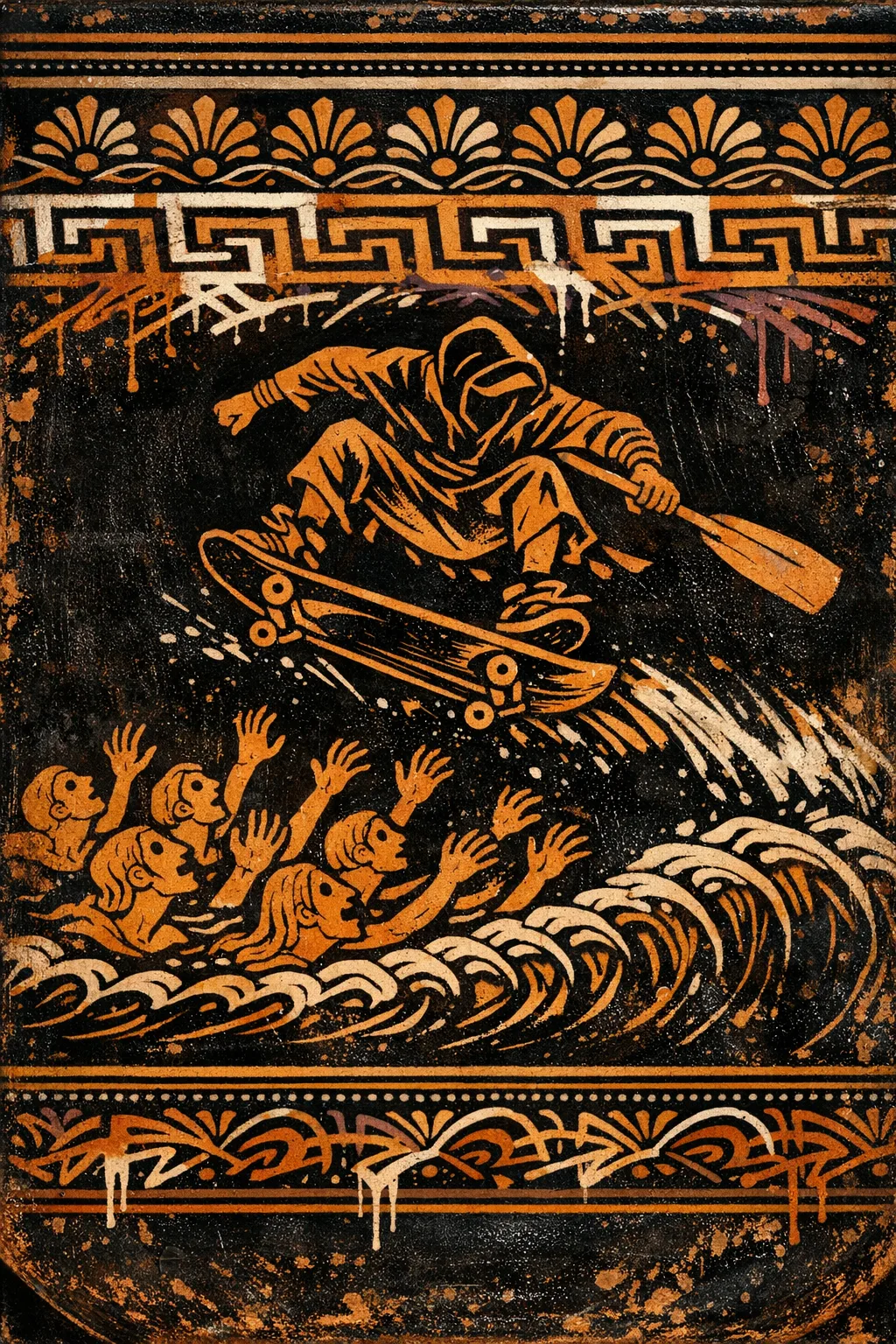 The Ferryman Ollie — Ancient Greek red-figure vase painting × skate and graffiti graphics