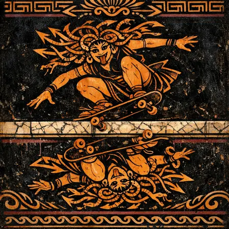Medusa Grind — Ancient Greek red-figure vase painting × skate and graffiti graphics