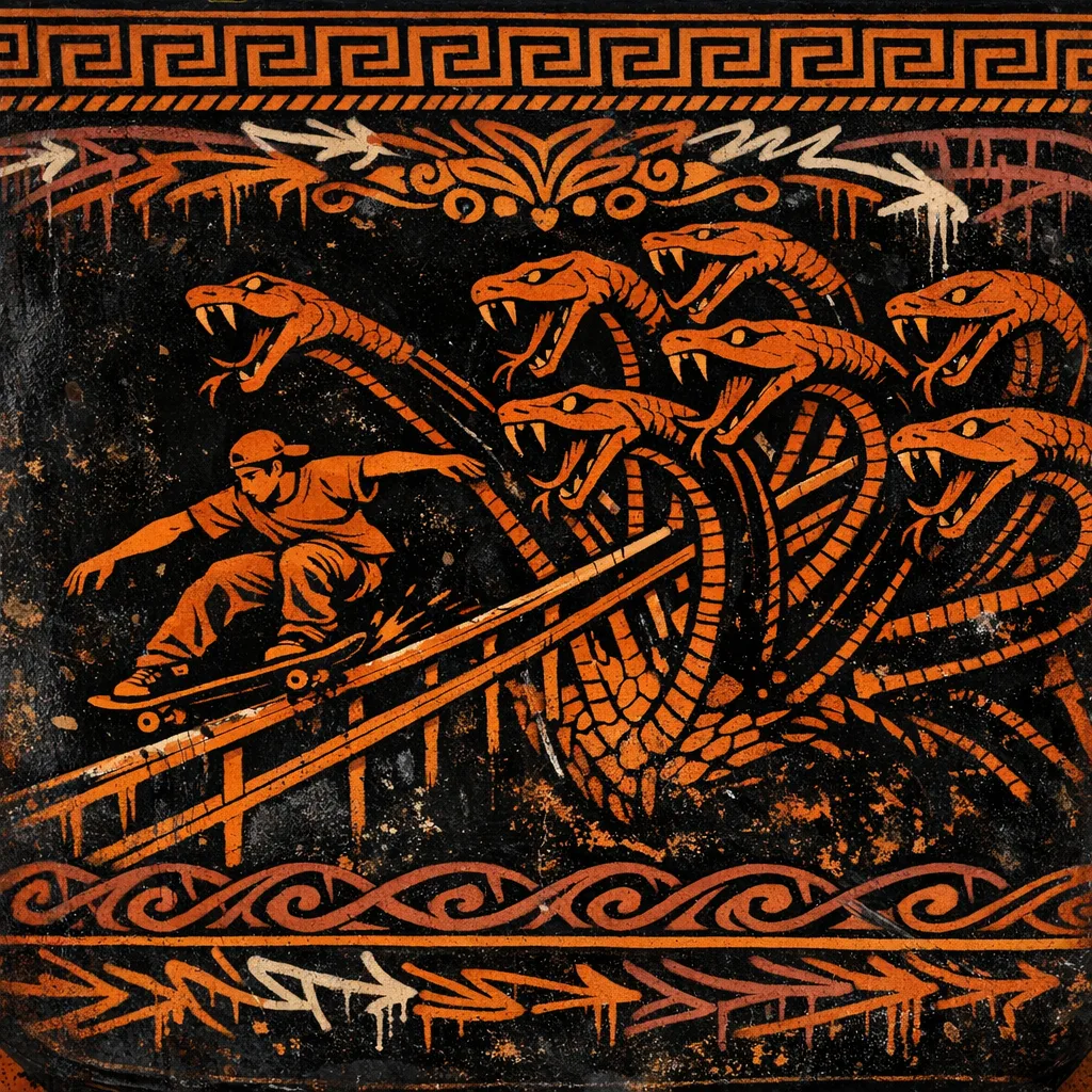 The Hydra Rail — Ancient Greek red-figure vase painting × skate and graffiti graphics