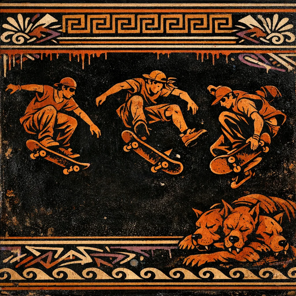 The Underworld Flatground — Ancient Greek red-figure vase painting × skate and graffiti graphics