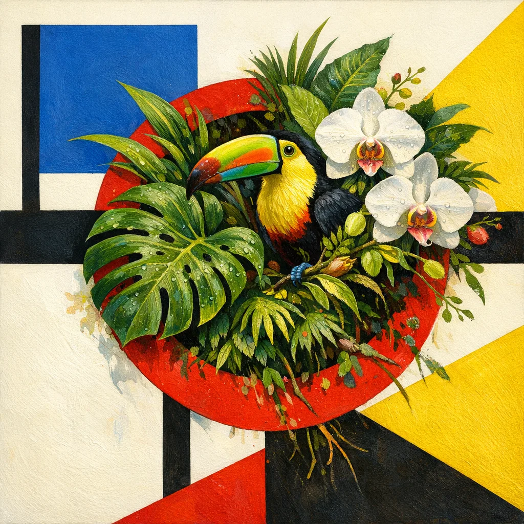 Red Circle Jungle — Bauhaus constructivism × unruly organic life