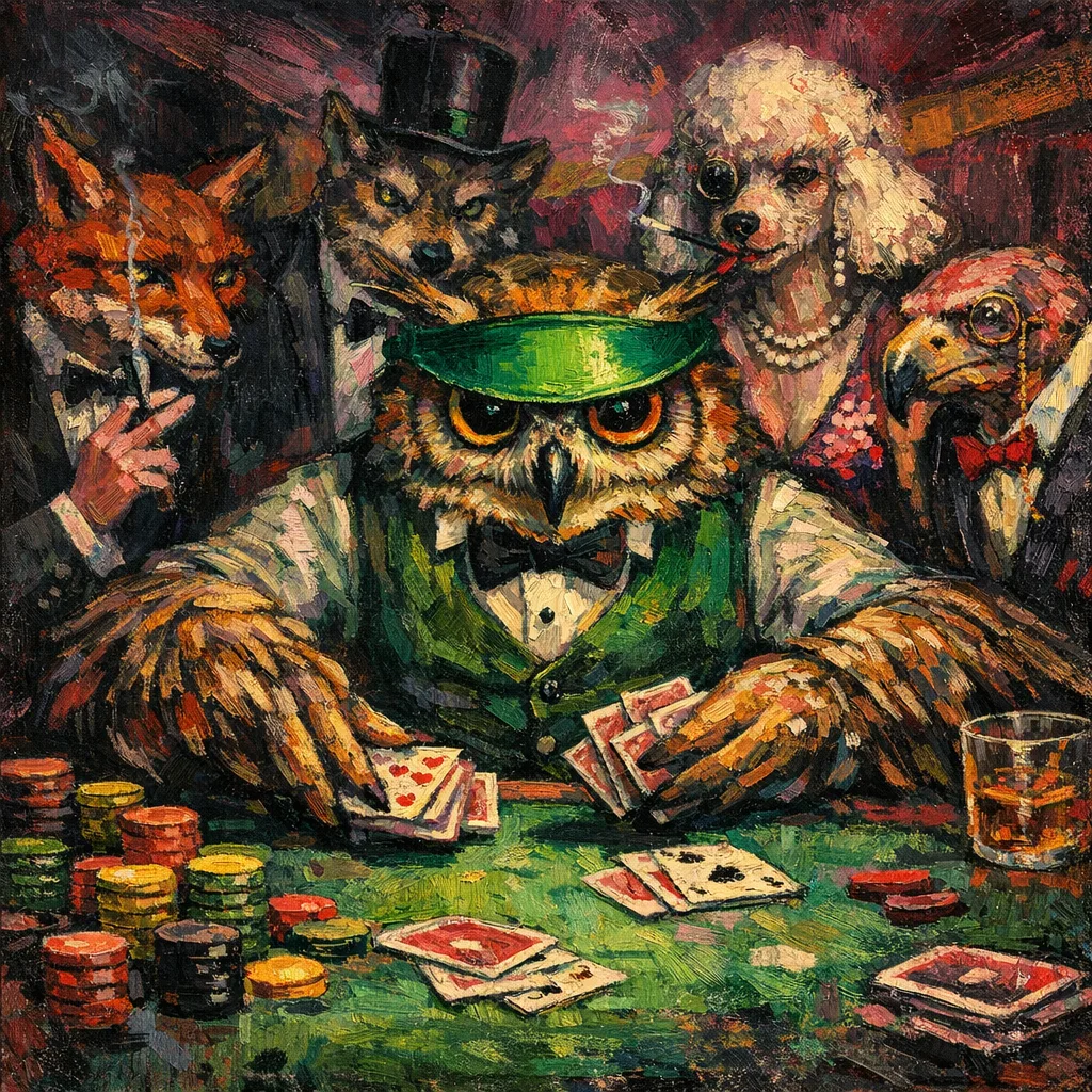 The Owl Croupier — Weimar expressionist portraiture × animal masquerade