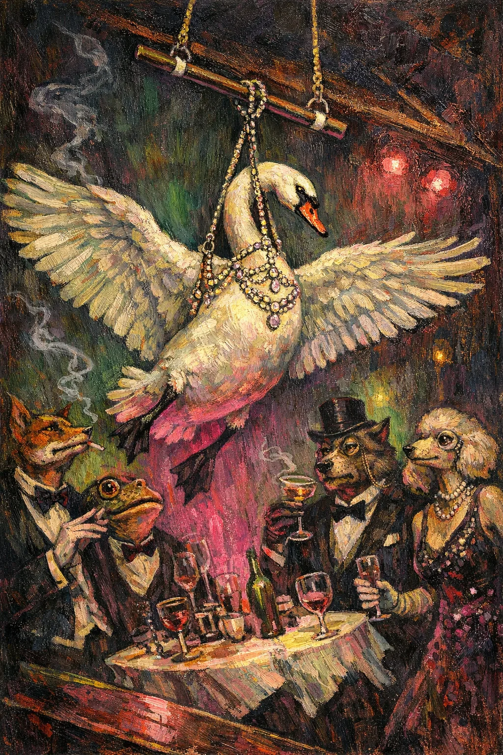 The Swan Trapeze — Weimar expressionist portraiture × animal masquerade