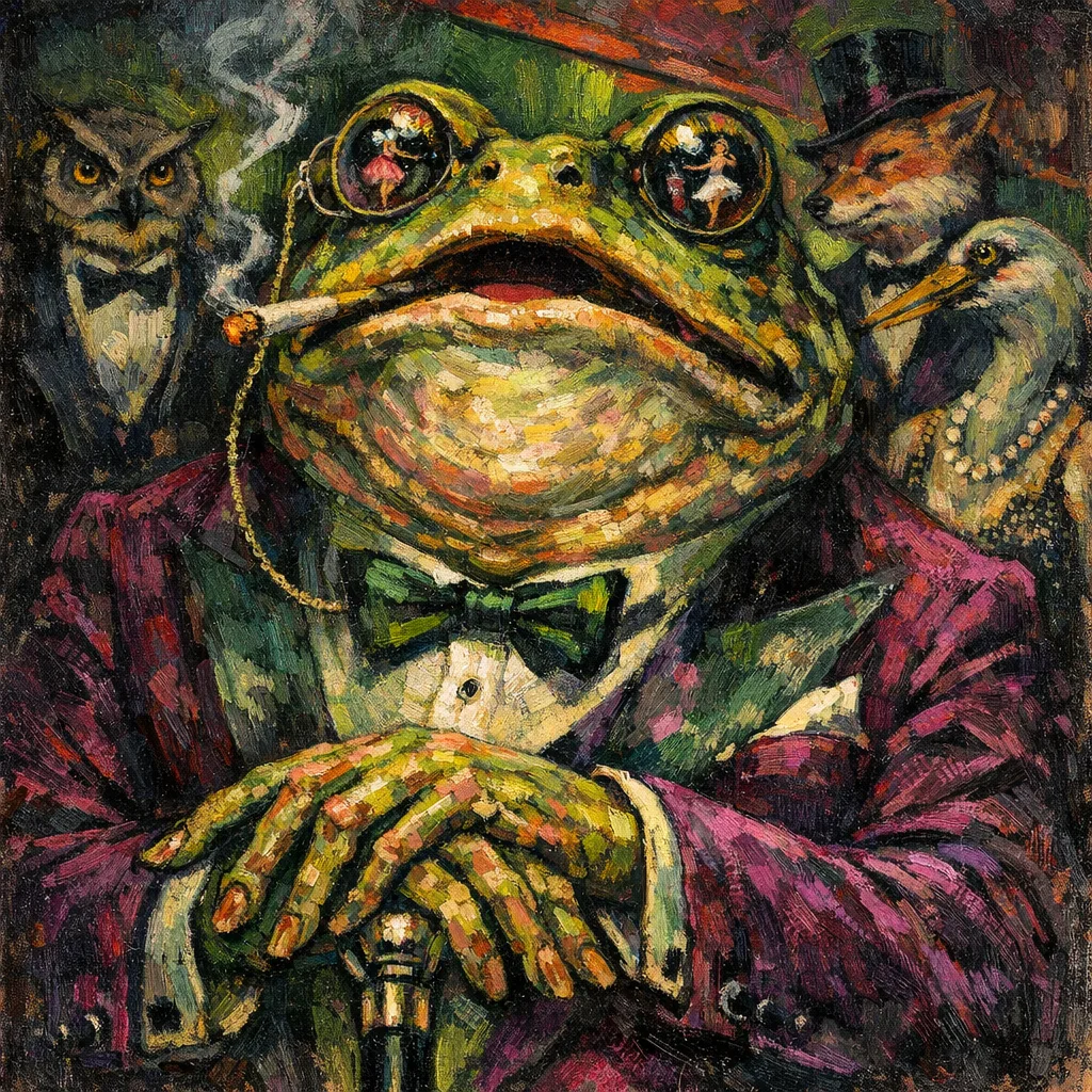 The Toad Impresario — Weimar expressionist portraiture × animal masquerade