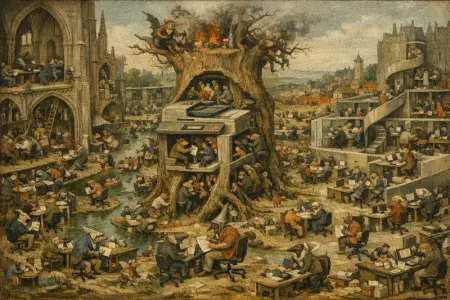 Garden of Earthly Deliverables — Bosch and Bruegel Northern Renaissance panel × modern office life