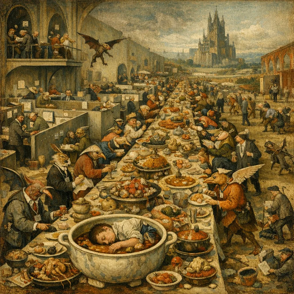 Gluttony of the Free Lunch — Bosch and Bruegel Northern Renaissance panel × modern office life