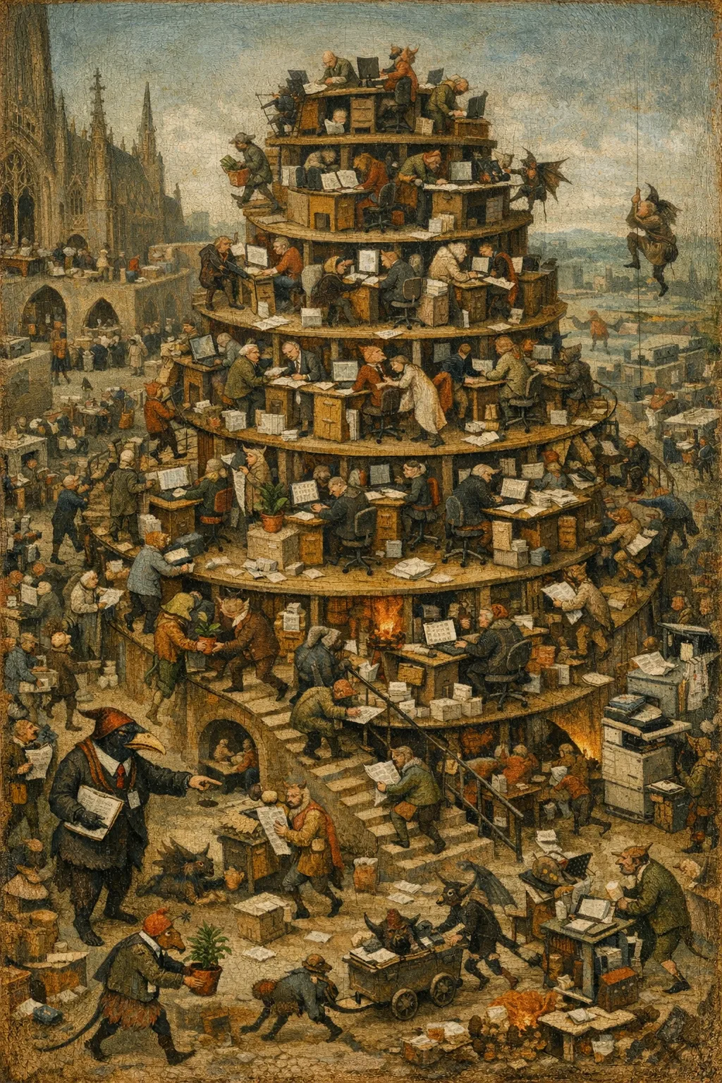 Hell of the Hot Desk — Bosch and Bruegel Northern Renaissance panel × modern office life