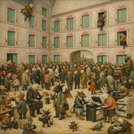 Lift Lobby of the Pastel Void — Bosch and Bruegel Northern Renaissance panel × modern office life
