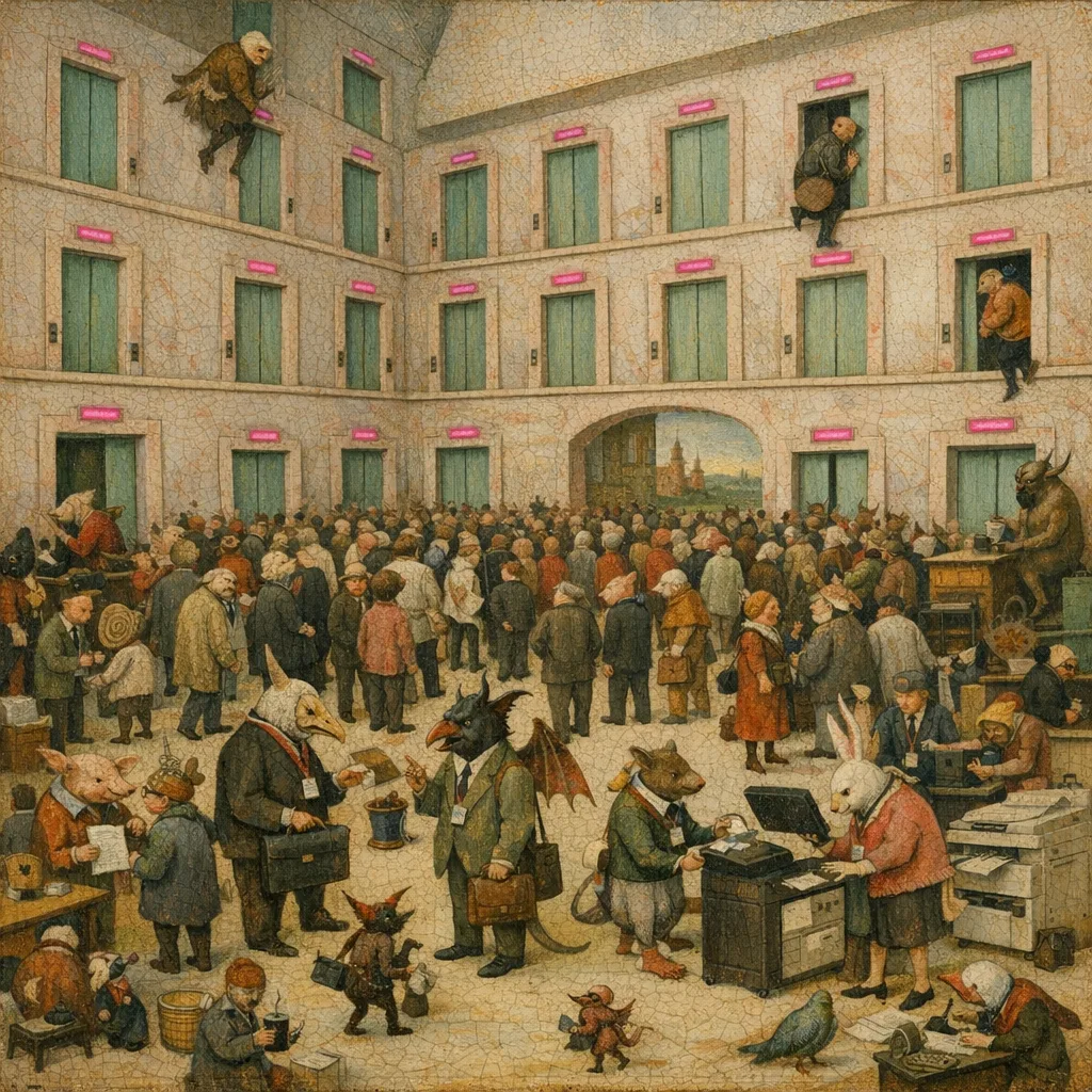 Lift Lobby of the Pastel Void — Bosch and Bruegel Northern Renaissance panel × modern office life