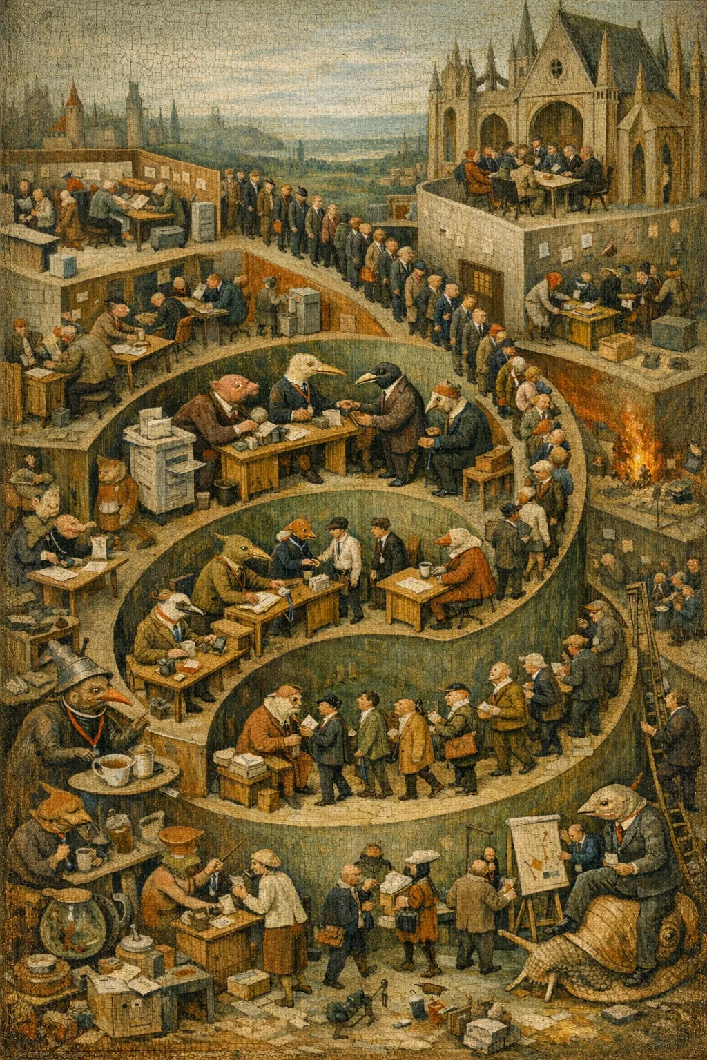Onboarding of the Damned — Bosch and Bruegel Northern Renaissance panel × modern office life
