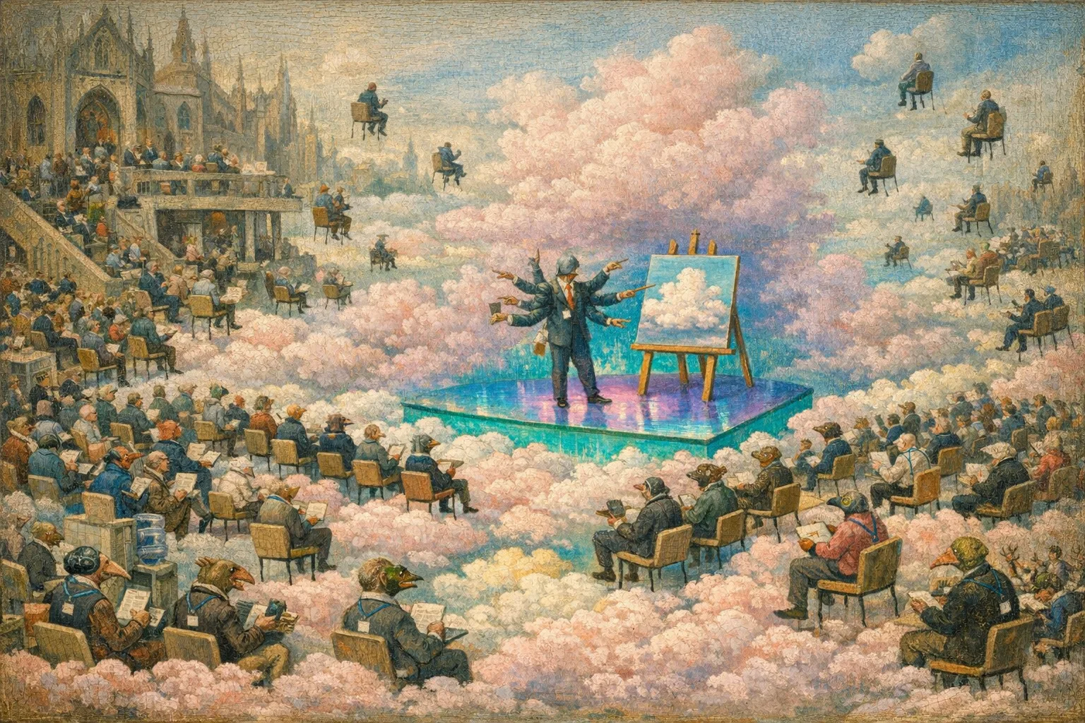 The All-Hands in the Clouds — Bosch and Bruegel Northern Renaissance panel × modern office life