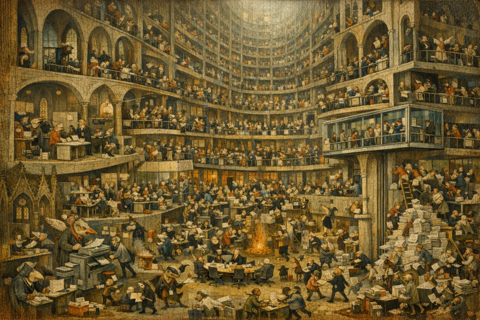 The Infinite Mezzanine — Bosch and Bruegel Northern Renaissance panel × modern office life