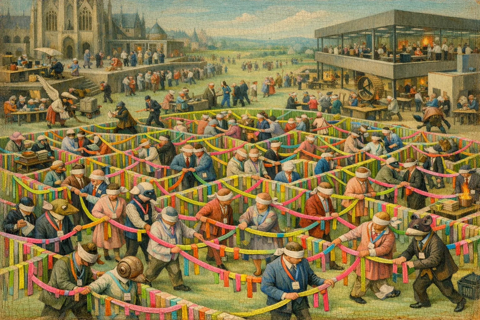 The Lanyard Labyrinth — Bosch and Bruegel Northern Renaissance panel × modern office life