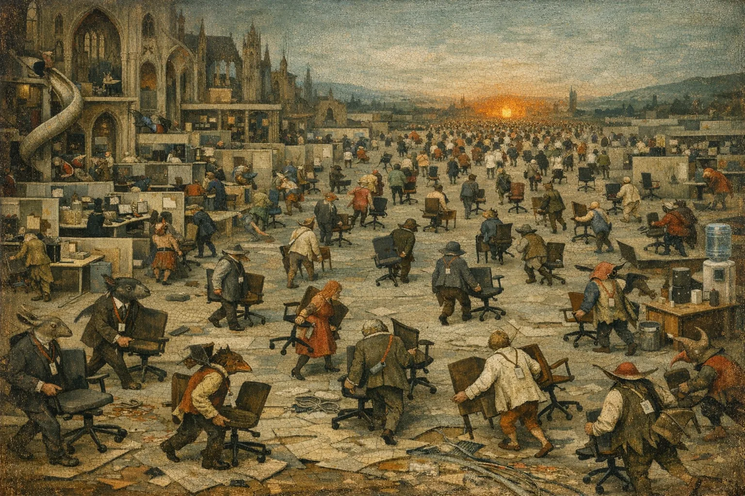 The Last Day of the Lease — Bosch and Bruegel Northern Renaissance panel × modern office life