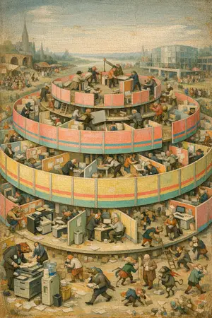 The Reorg Carousel — Bosch and Bruegel Northern Renaissance panel × modern office life