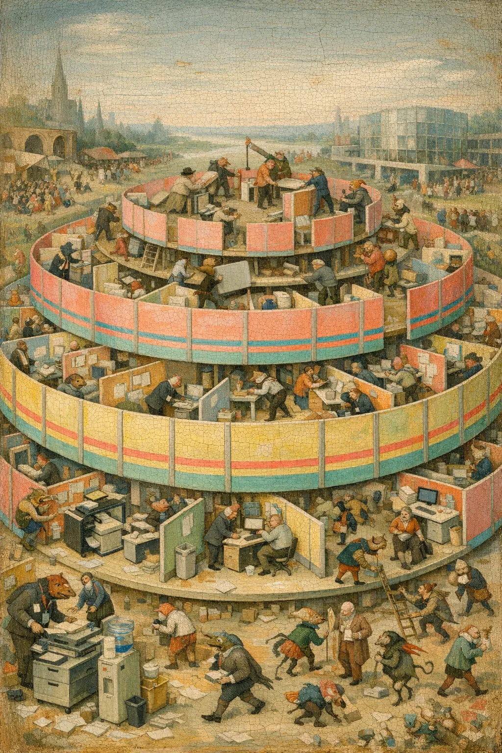 The Reorg Carousel — Bosch and Bruegel Northern Renaissance panel × modern office life