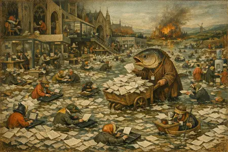 The Reply-All Deluge — Bosch and Bruegel Northern Renaissance panel × modern office life