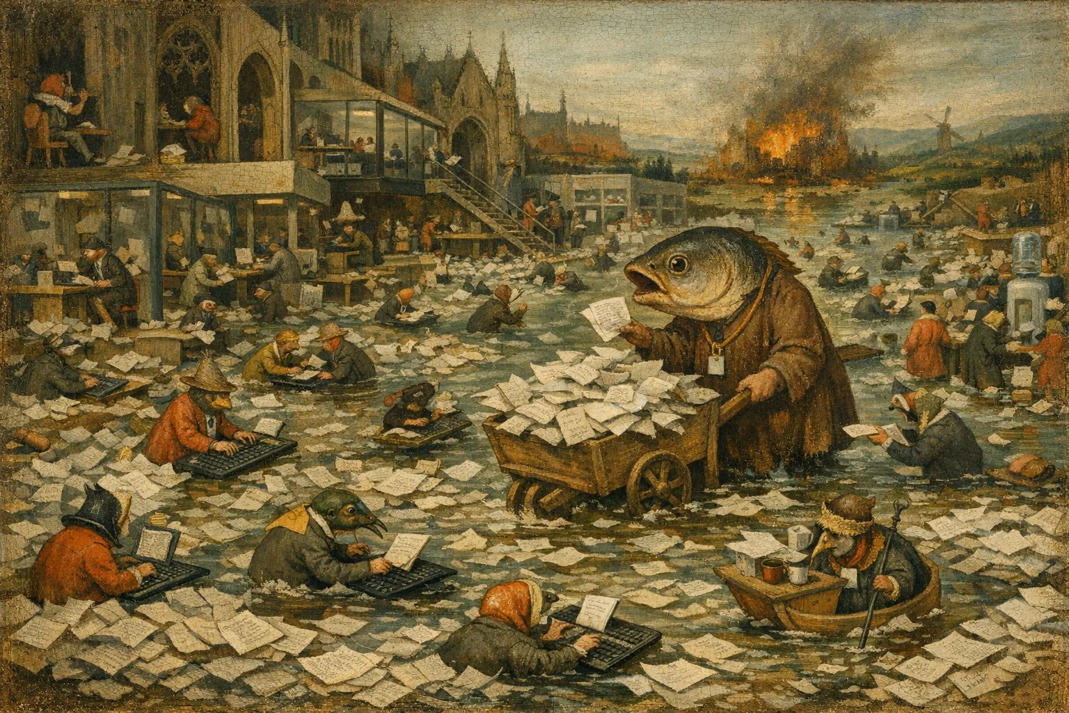 The Reply-All Deluge — Bosch and Bruegel Northern Renaissance panel × modern office life