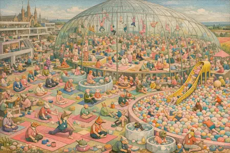 The Wellness Paradise — Bosch and Bruegel Northern Renaissance panel × modern office life