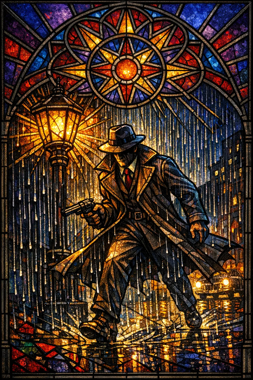 Detective in the Rain — Cathedral stained glass × golden-age pulp comics