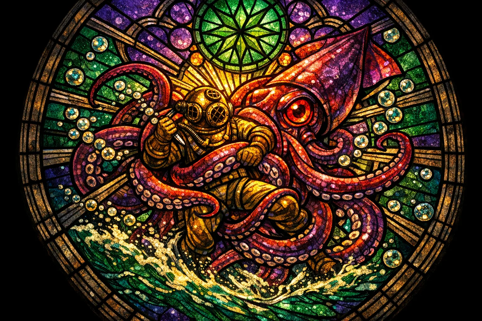 Squid and Diver — Cathedral stained glass × golden-age pulp comics