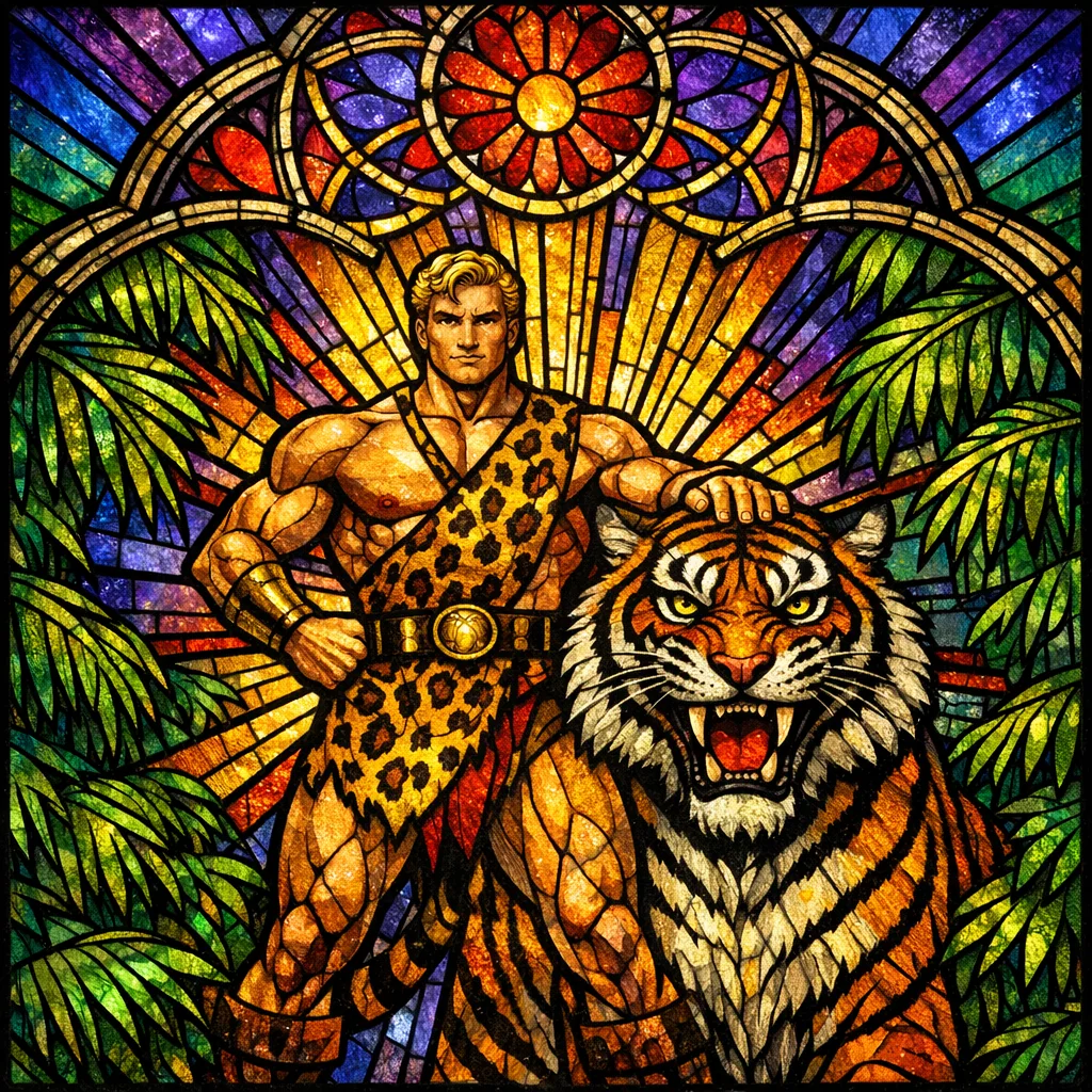 Jungle Queen and the Tiger — Cathedral stained glass × golden-age pulp comics