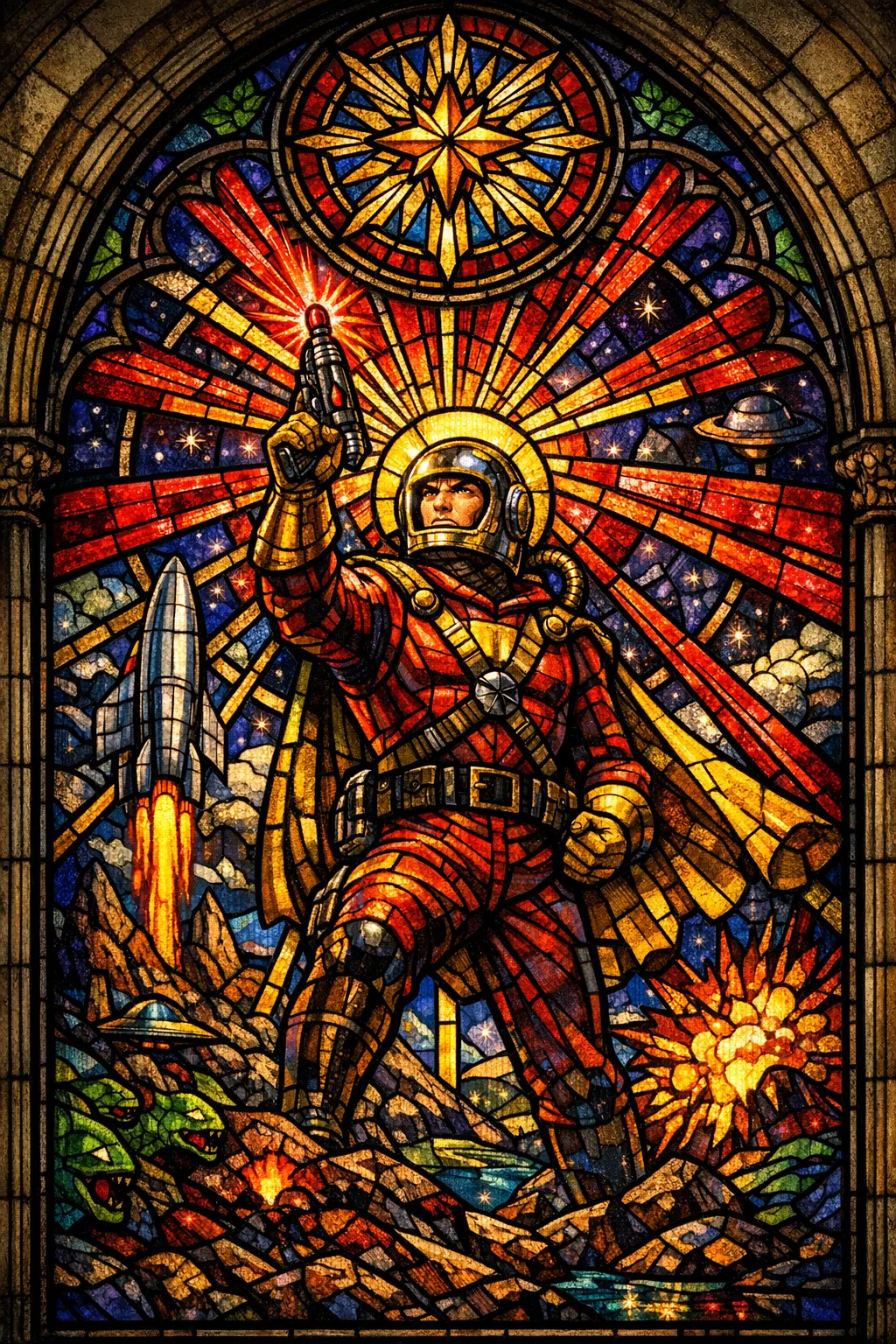 Saint of the Ray Gun — Cathedral stained glass × golden-age pulp comics