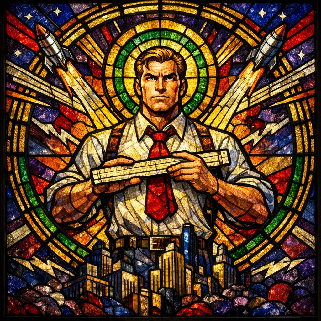 Saint of the Slide Rule — Cathedral stained glass × golden-age pulp comics