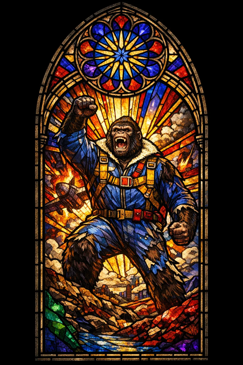 The Ape Lancet — Cathedral stained glass × golden-age pulp comics