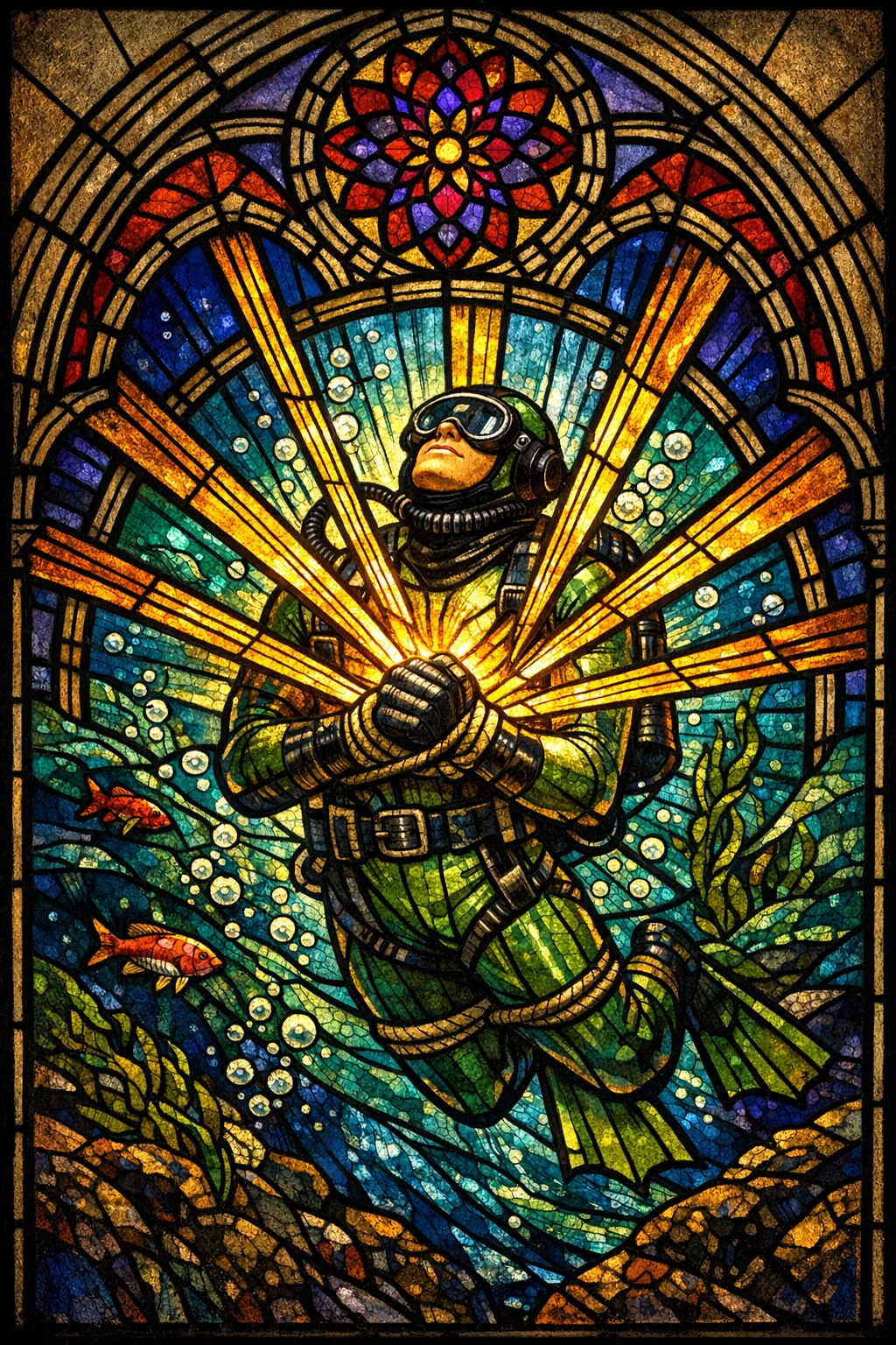 The Frogman Martyrdom — Cathedral stained glass × golden-age pulp comics