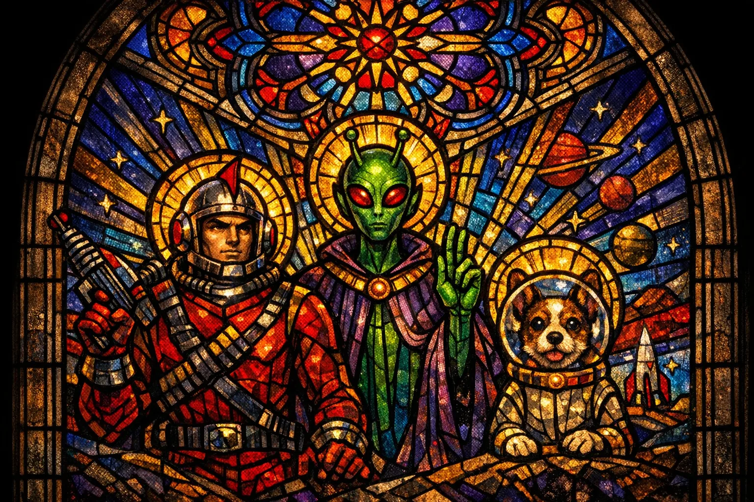 The Martian Deesis — Cathedral stained glass × golden-age pulp comics