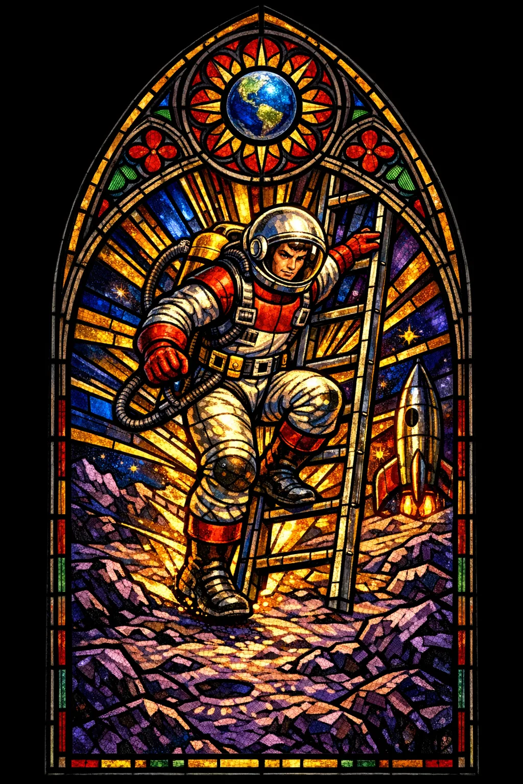 The Moon Landing — Cathedral stained glass × golden-age pulp comics