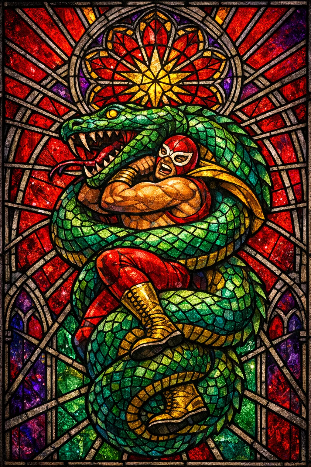 Wrestler and the Serpent — Cathedral stained glass × golden-age pulp comics