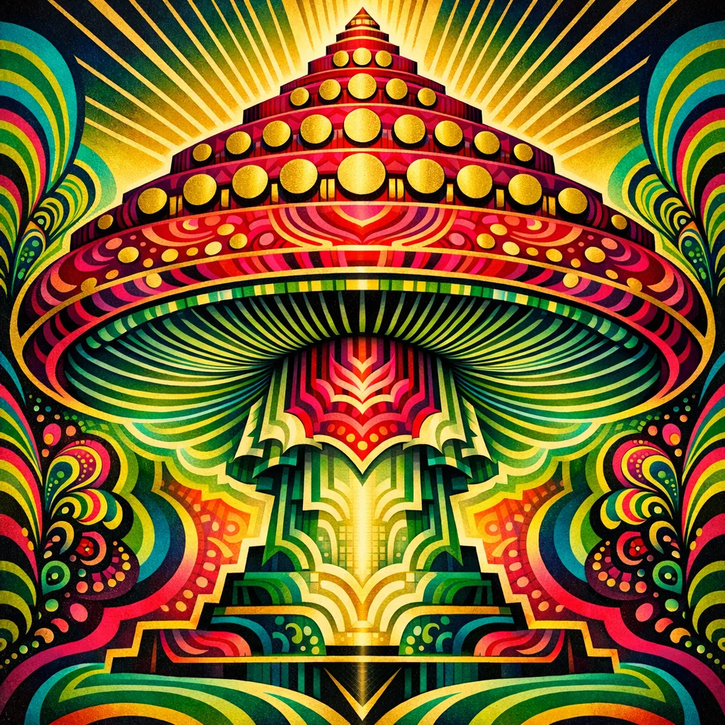 Amanita Ziggurat — 1930s Art Deco poster × blotter psychedelia