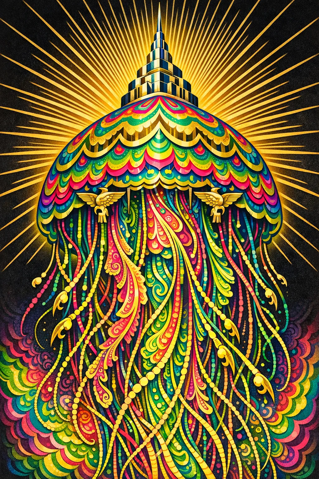 Chrysler Jellyfish — 1930s Art Deco poster × blotter psychedelia