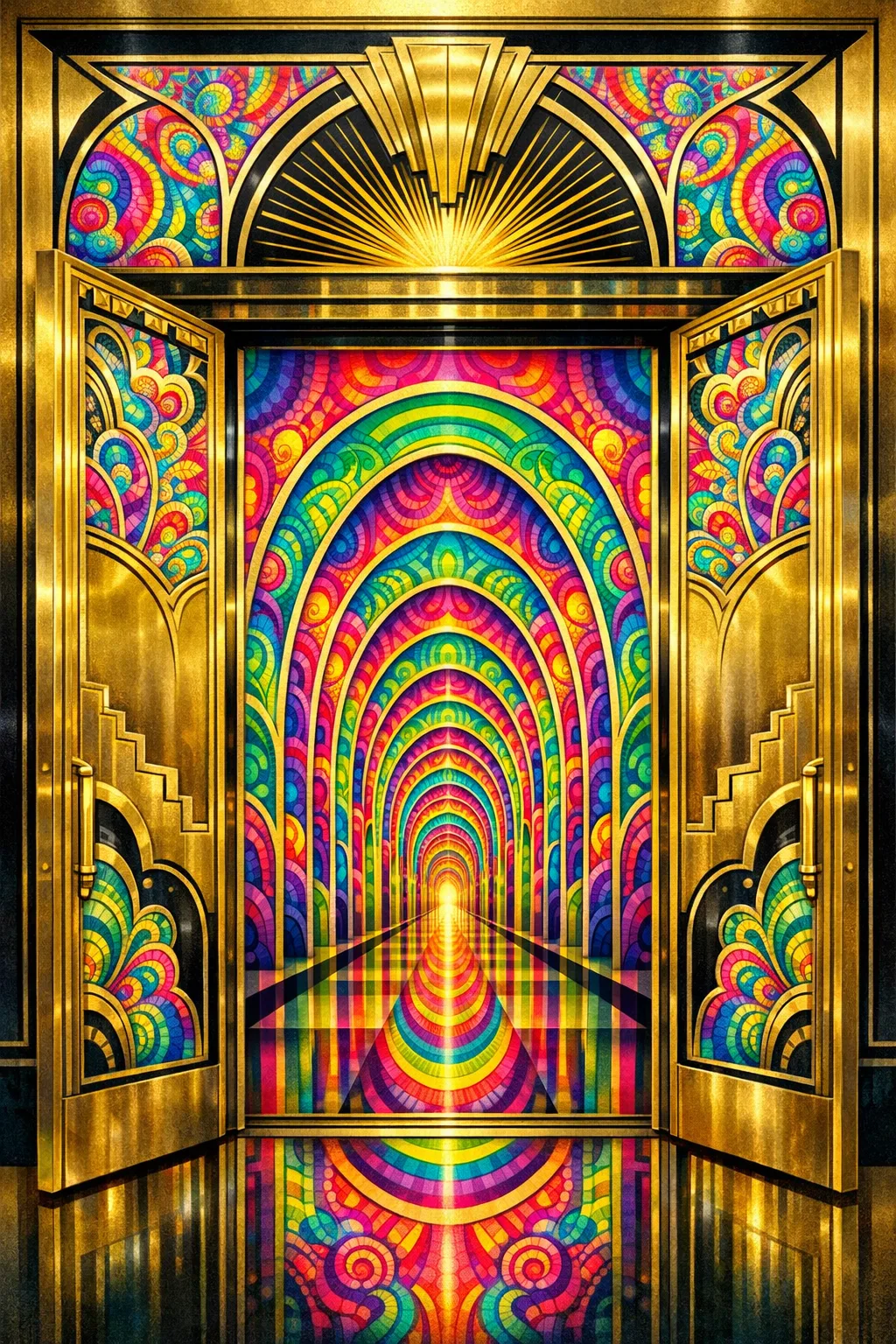 Elevator to Nowhere — 1930s Art Deco poster × blotter psychedelia