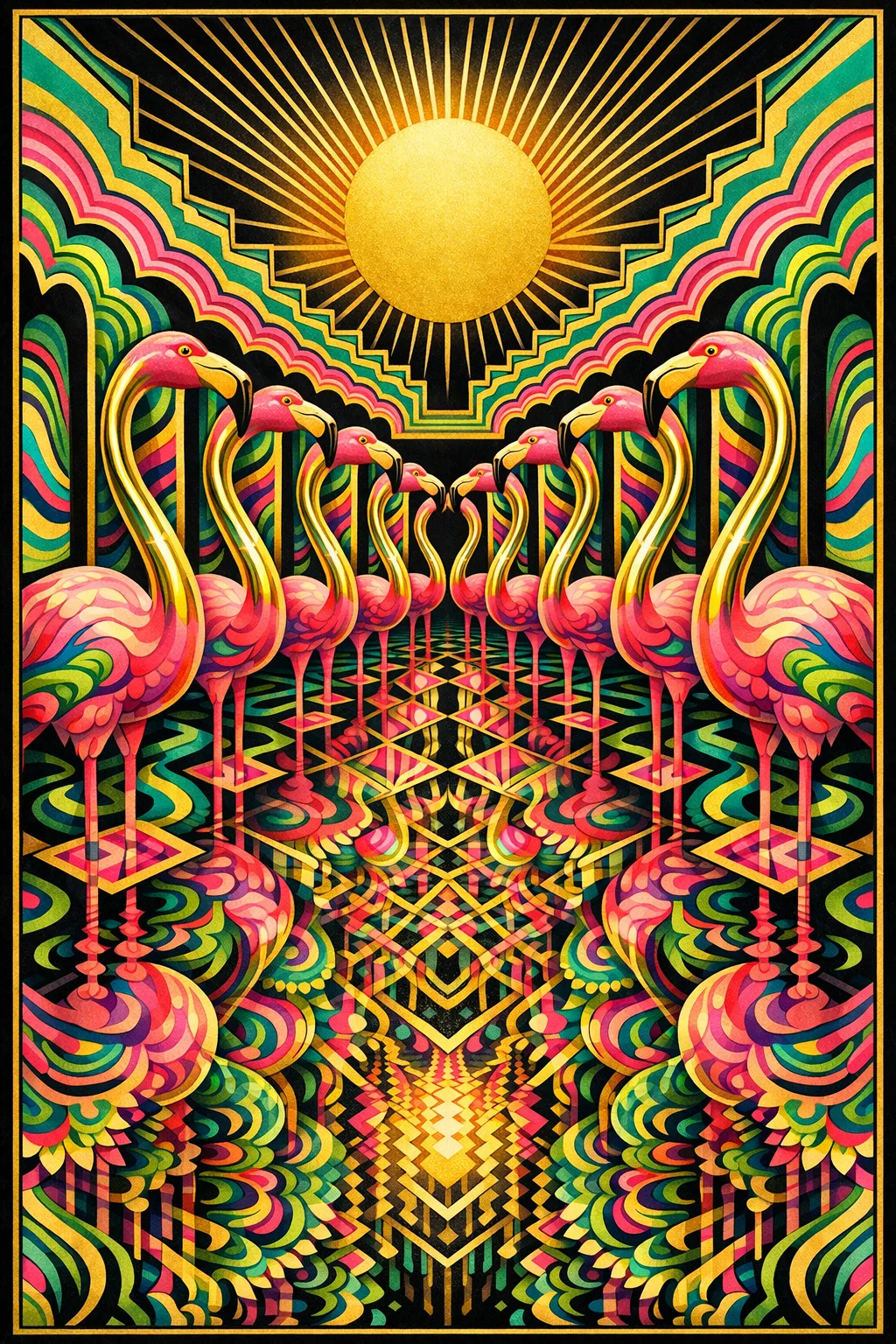 Flamingo Colonnade — 1930s Art Deco poster × blotter psychedelia