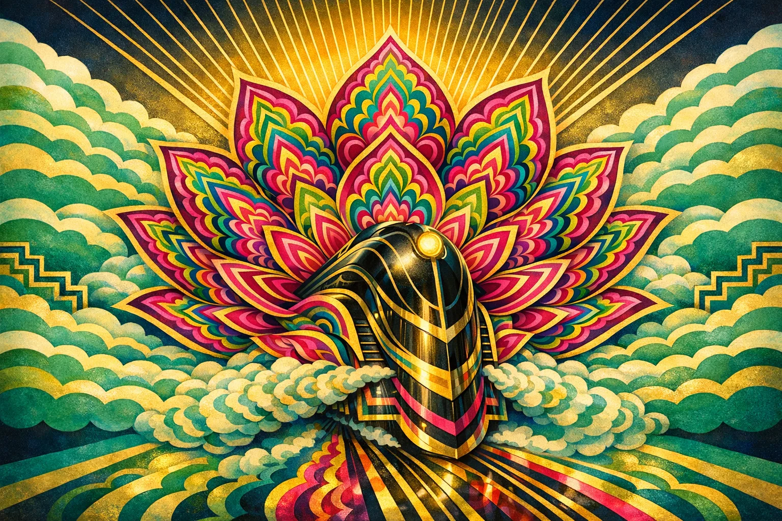 Locomotive Lotus — 1930s Art Deco poster × blotter psychedelia