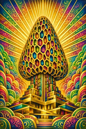 Morel Spire — 1930s Art Deco poster × blotter psychedelia