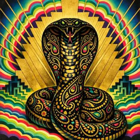 Sunburst Cobra — 1930s Art Deco poster × blotter psychedelia
