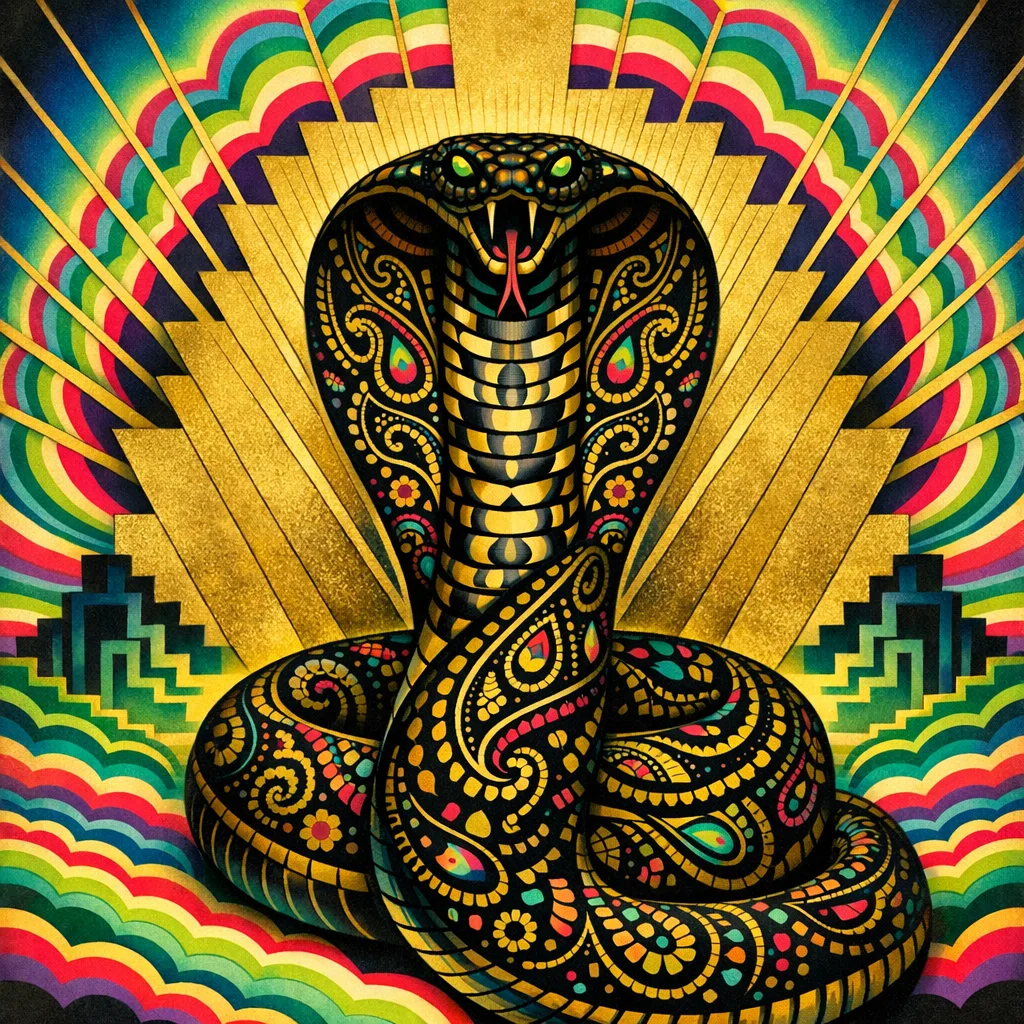 Sunburst Cobra — 1930s Art Deco poster × blotter psychedelia
