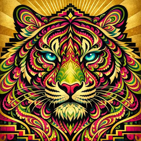 Tiger Lacquer Mandala — 1930s Art Deco poster × blotter psychedelia