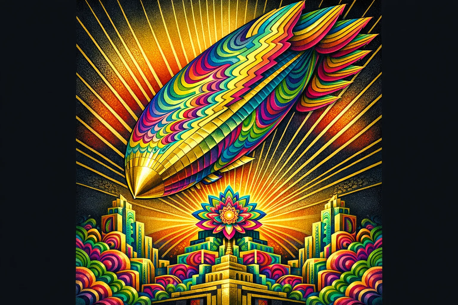Zeppelin Hummingbird — 1930s Art Deco poster × blotter psychedelia
