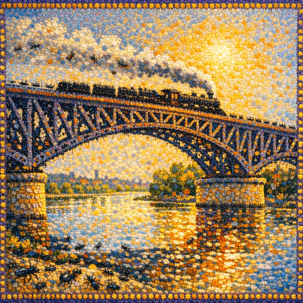 Bridge of Ants — Seurat pointillism × entomological swarms