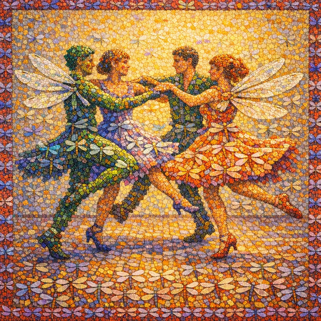 Dance of Dragonflies — Seurat pointillism × entomological swarms