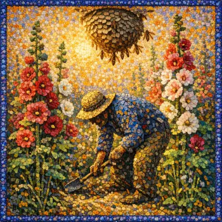 The Gardener and the Wasps — Seurat pointillism × entomological swarms
