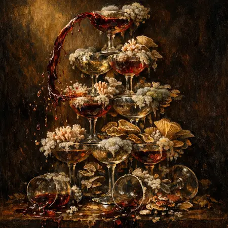 Champagne Tower Vanitas — Dutch Baroque still-life × mycology and decay