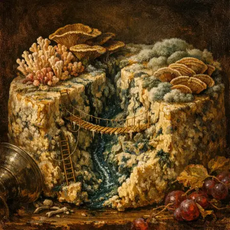 Cheese Geology — Dutch Baroque still-life × mycology and decay